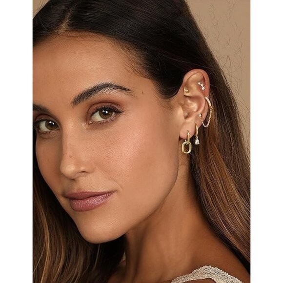 ⚡Gold Plated Hoop Stud and Chain Earrings Set for Women Fashion Jewelry Multiple - Picture 3 of 6